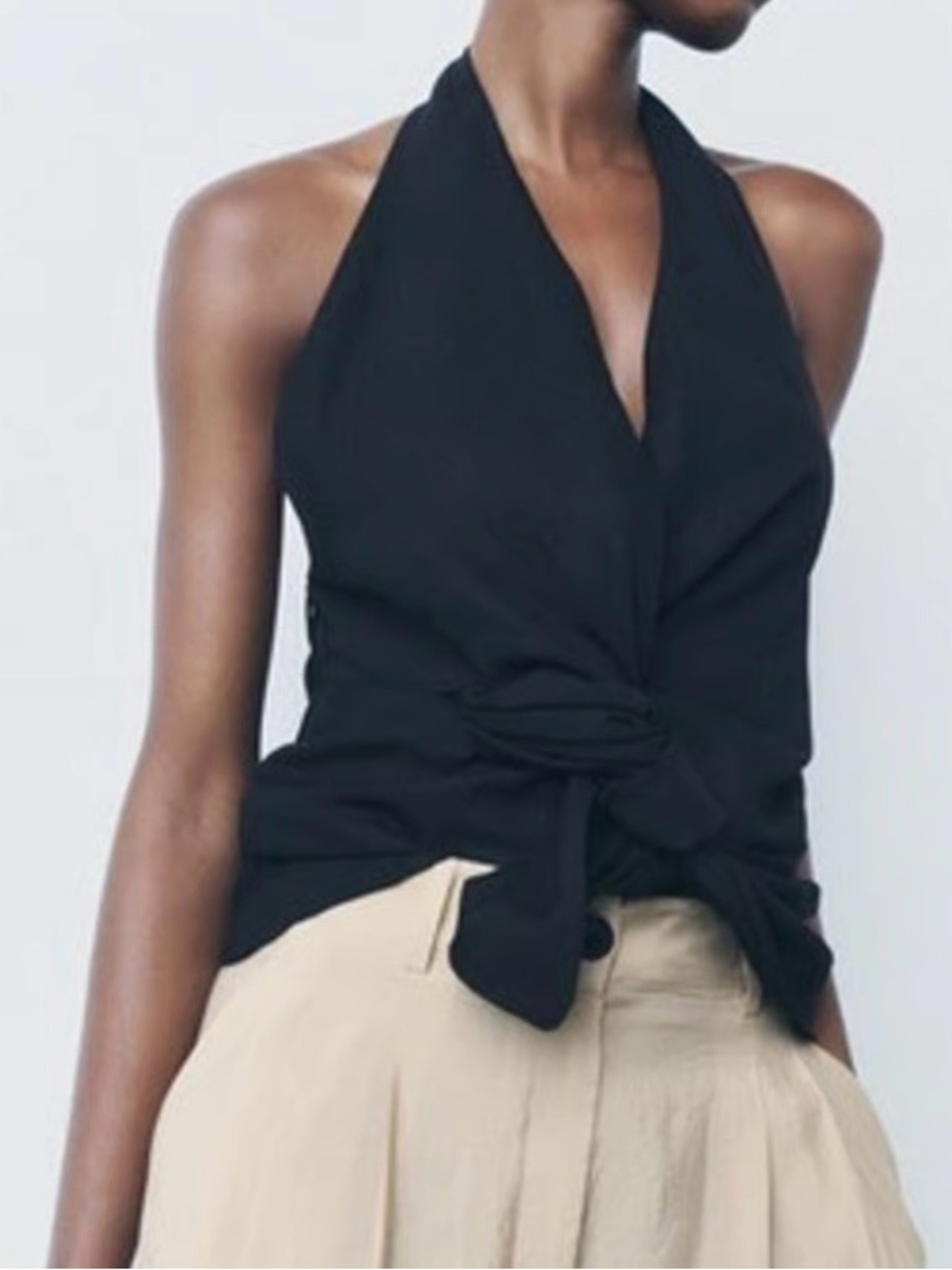 Zara Linen Blend Halter Wrap Backless Top Black S